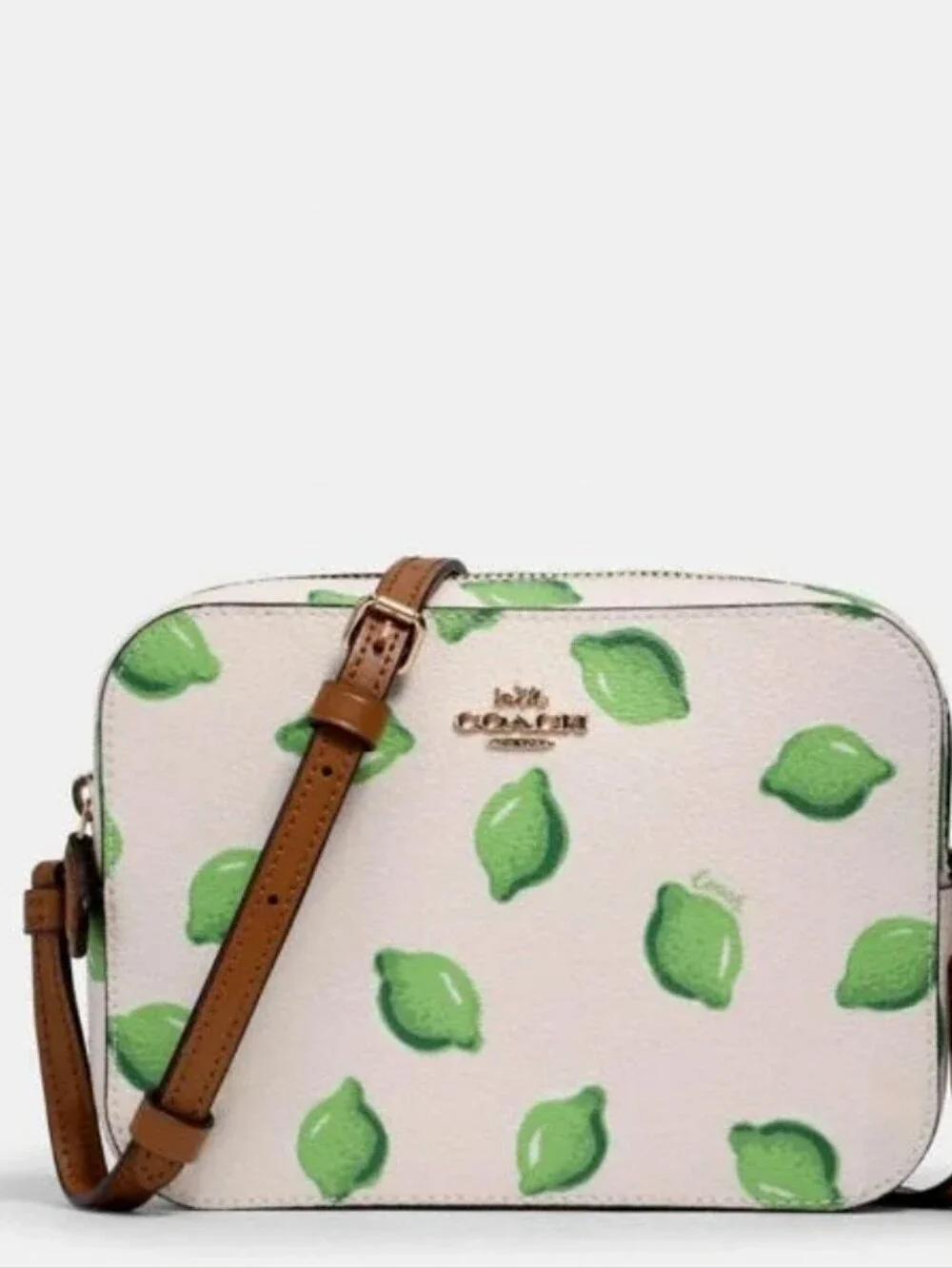 Coach White Crossbody with Green Lemon Motif and Tan Strap